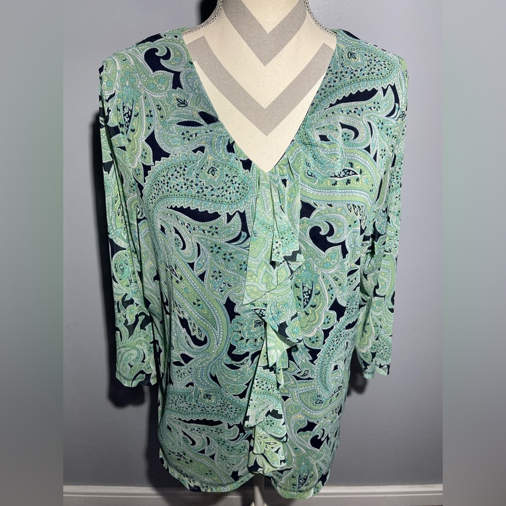 Croft & Barrow Paisley V-Neck Blouse - Blue and Green